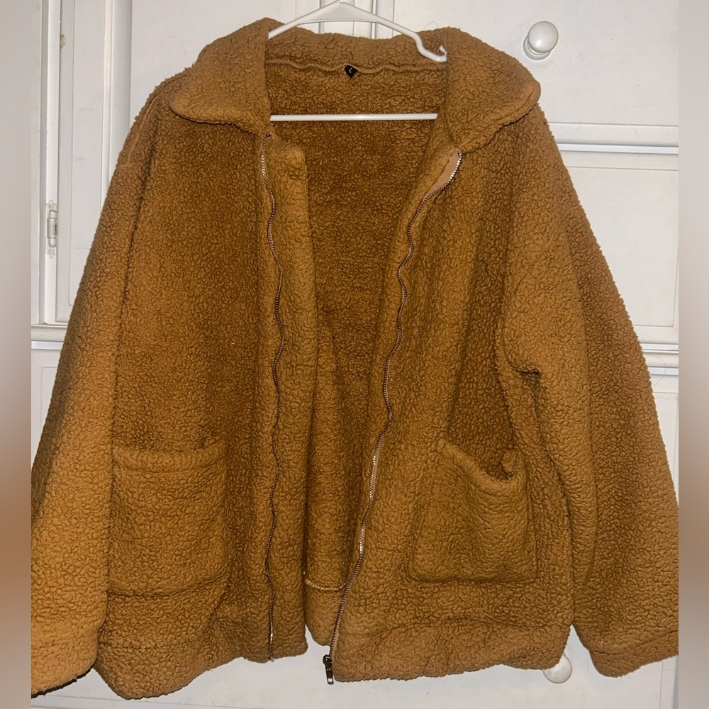 Orange/Brown Woman’s L Sherpa/Teddy Zip Up Coat/Jacket, Sherpa, Cozy, Casual